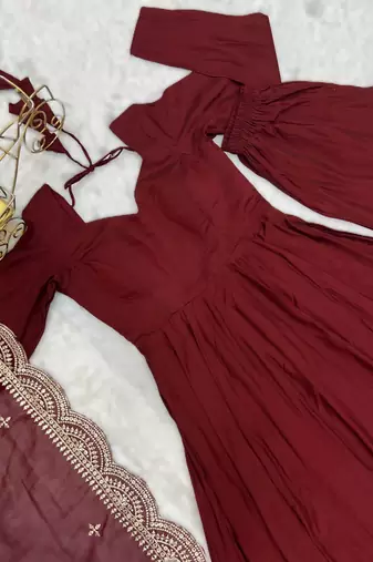 maroon roman silk chanderi fully flared anarkali gown set with dupatta & pant 