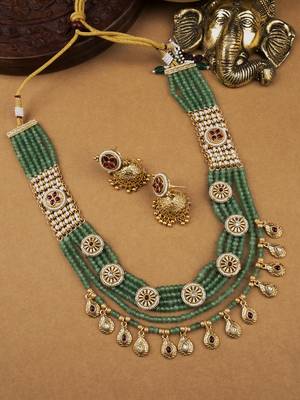 Handmade kundan pearl long bandhai necklace set 1