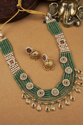 Handmade kundan pearl long bandhai necklace set