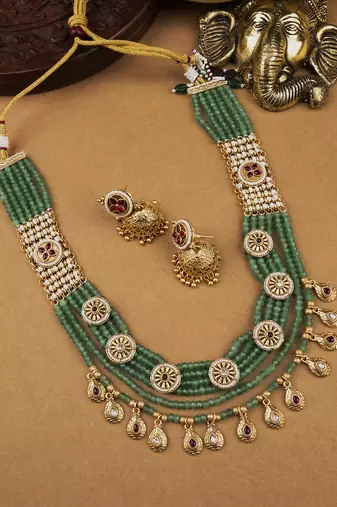 Handmade kundan pearl long bandhai necklace set