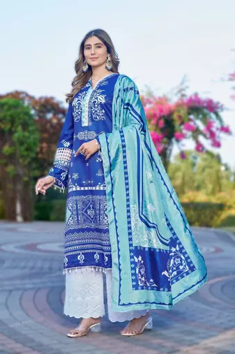 blue printed suit set | cotton satin top, chikankari cambric bottom & dola silk dupatta