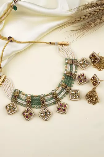 Royal kundan bandhai beads necklace set