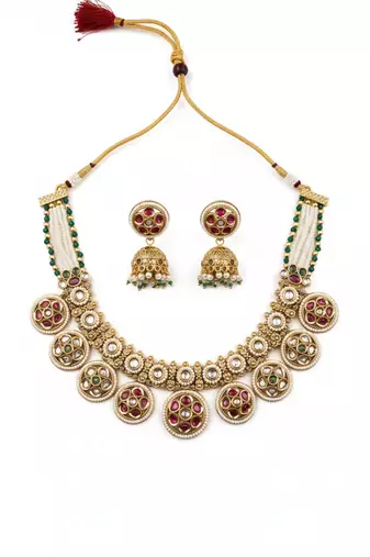 Handcrafted kundan beads bandhai necklace set