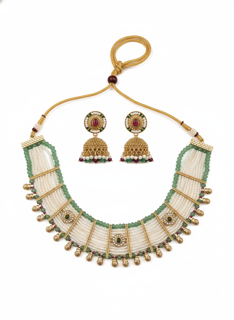 Elegant white beads bandhai choker necklace set