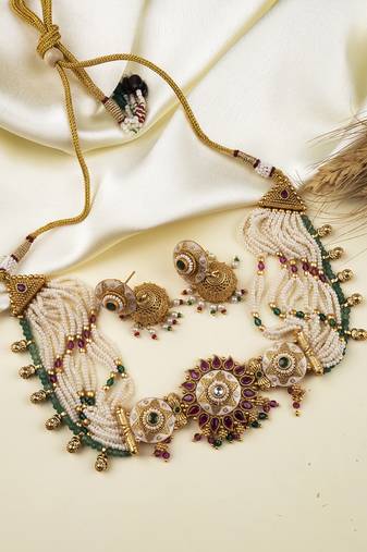 Kundan studded meenakari rajwadi bandhai pearl necklace set