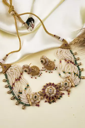 Kundan studded meenakari rajwadi bandhai pearl necklace set