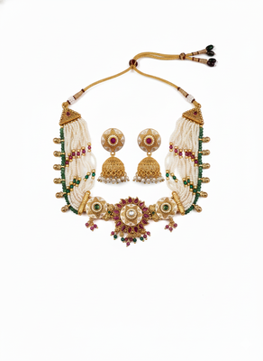 Kundan studded meenakari rajwadi bandhai pearl necklace set 2