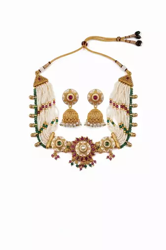Kundan studded meenakari rajwadi bandhai pearl necklace set