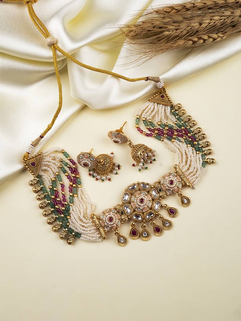 Rajwadi kundan meenakari pearl multilayer chowker set