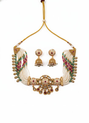 Rajwadi kundan meenakari pearl multilayer chowker set 2