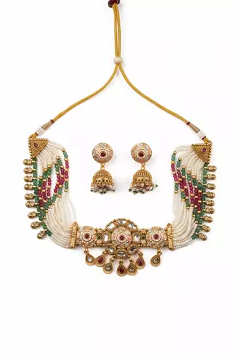 Rajwadi kundan meenakari pearl multilayer chowker set