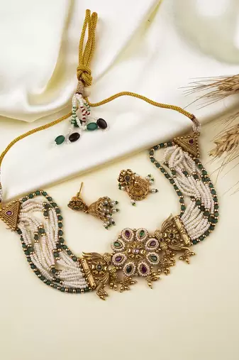 Designer kundan meenakari pearl bandhai choker set 