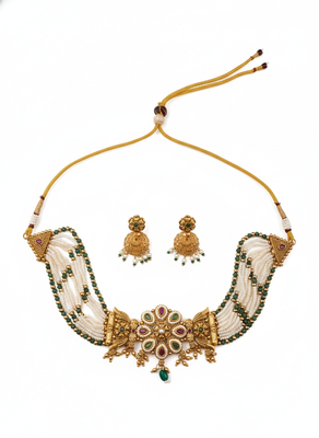 Designer kundan meenakari pearl bandhai choker set  2