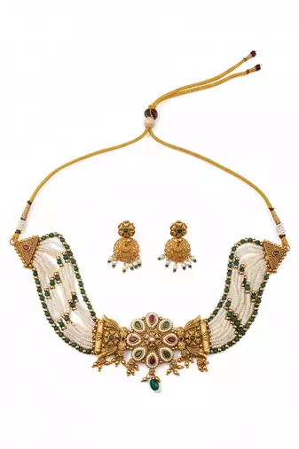Designer kundan meenakari pearl bandhai choker set 