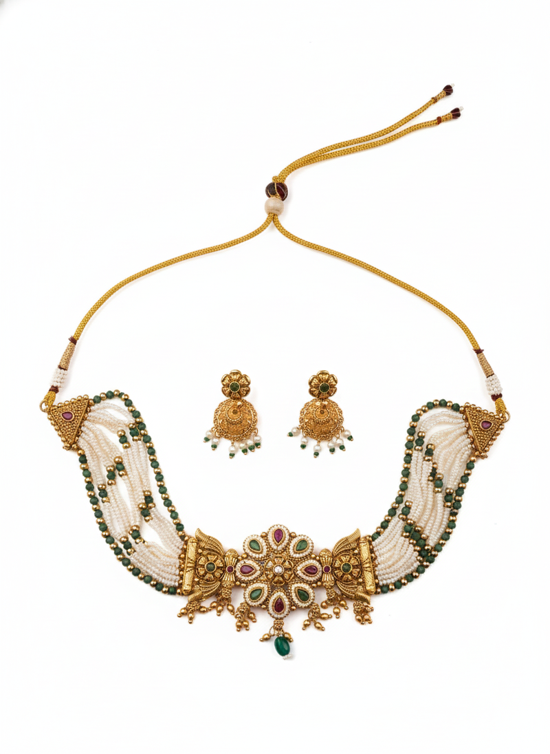 Designer kundan meenakari pearl bandhai choker set 