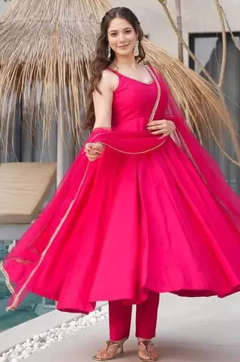 Pure romansilk chanderi fabric fully flare anarkali with pant dupatta set ready to wear