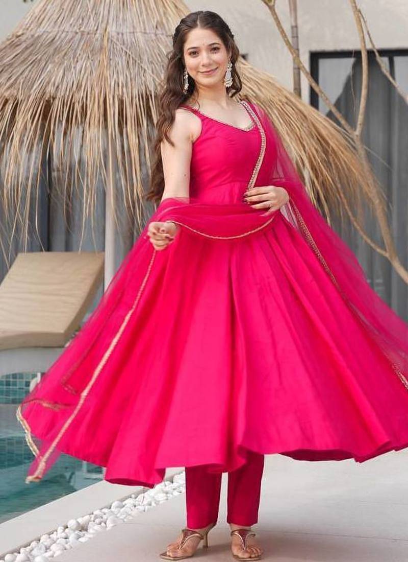 Pure romansilk chanderi fabric fully flare anarkali with pant dupatta set ready to wear