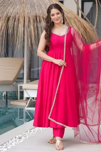 Pure romansilk chanderi fabric fully flare anarkali with pant dupatta set ready to wear