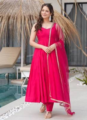 Pure romansilk chanderi fabric fully flare anarkali with pant dupatta set ready to wear 3