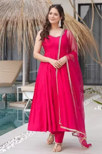 Pure romansilk chanderi fabric fully flare anarkali with pant dupatta set ready to wear