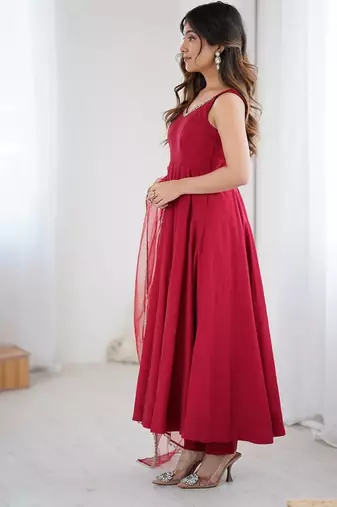 Pure romansilk chanderi fabric fully flare anarkali with pant dupatta set ready to wear