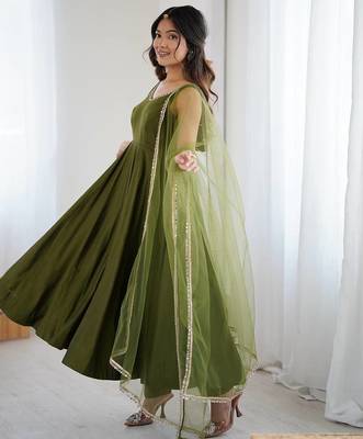 Pure romansilk chanderi fabric fully flare anarkali with pant dupatta set ready to wear 2