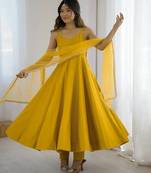 Pure romansilk chanderi fabric fully flare anarkali with pant dupatta set ready to wear