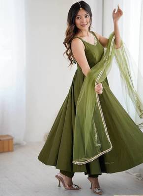 Pure romansilk chanderi fabric fully flare anarkali with pant dupatta set ready to wear 3