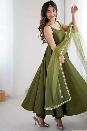 Pure romansilk chanderi fabric fully flare anarkali with pant dupatta set ready to wear