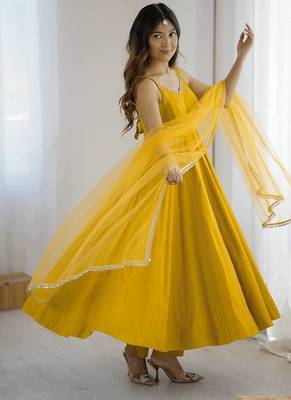 Pure romansilk chanderi fabric fully flare anarkali with pant dupatta set ready to wear 2