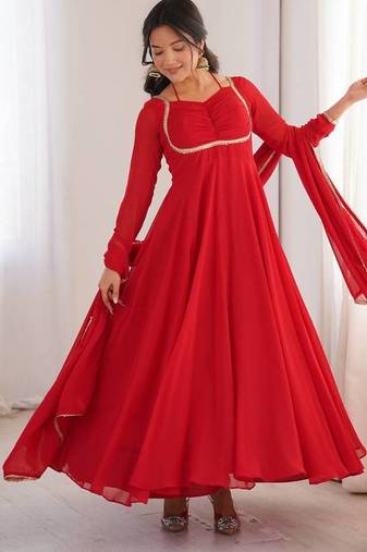 Red colour heavy pure fox bloming georgette 7 mtr plus flare gown pant with dupatta