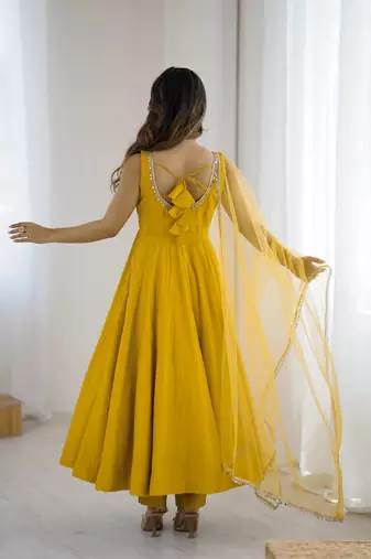 Pure romansilk chanderi fabric fully flare anarkali with pant dupatta set ready to wear