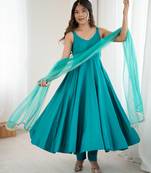 Pure romansilk chanderi fabric fully flare anarkali with pant dupatta set ready to wear