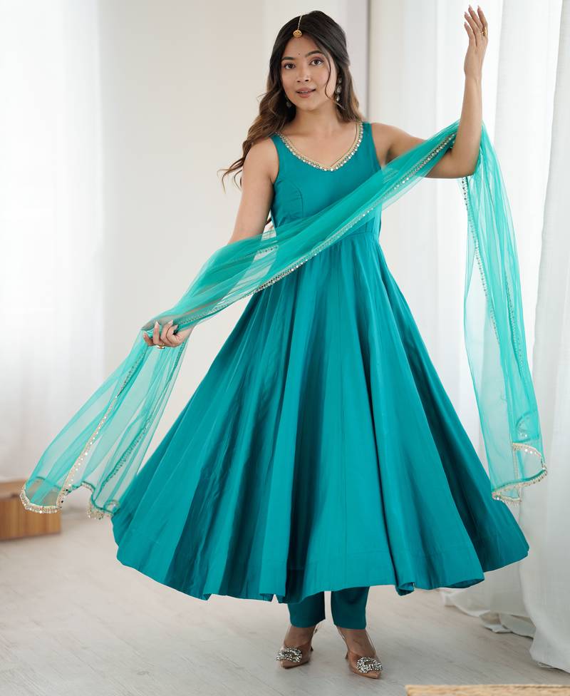 Pure romansilk chanderi fabric fully flare anarkali with pant dupatta set ready to wear