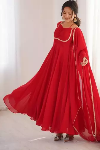 Red colour heavy pure fox bloming georgette 7 mtr plus flare gown pant with dupatta