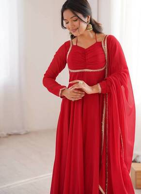 Red colour heavy pure fox bloming georgette 7 mtr plus flare gown pant with dupatta 3