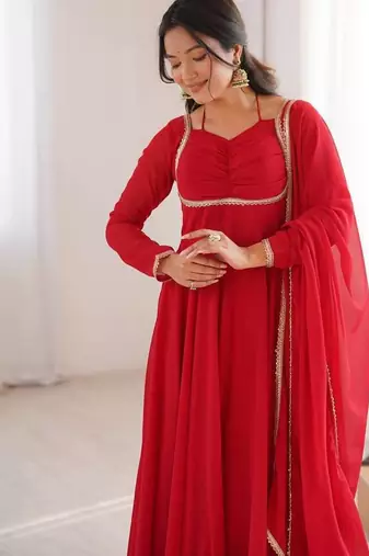 Red colour heavy pure fox bloming georgette 7 mtr plus flare gown pant with dupatta