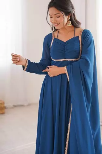 Rama colour heavy pure fox bloming georgette 7 mtr plus flare gown pant with dupatta