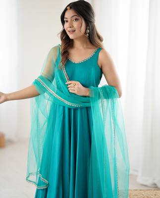 Pure romansilk chanderi fabric fully flare anarkali with pant dupatta set ready to wear 2