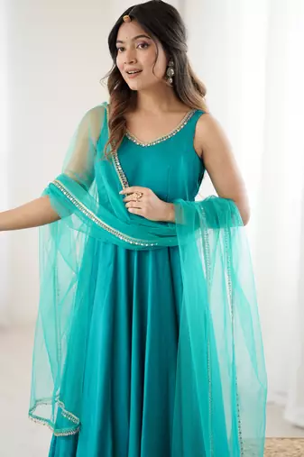 Pure romansilk chanderi fabric fully flare anarkali with pant dupatta set ready to wear