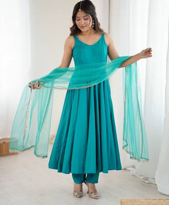 Pure romansilk chanderi fabric fully flare anarkali with pant dupatta set ready to wear 4