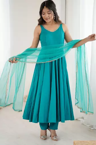 Pure romansilk chanderi fabric fully flare anarkali with pant dupatta set ready to wear