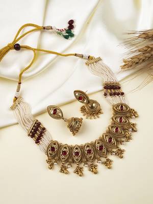 Rajwadi plated pearl bandhai necklace set  1