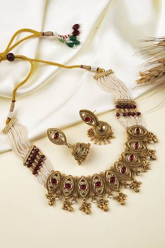 Rajwadi plated pearl bandhai necklace set 