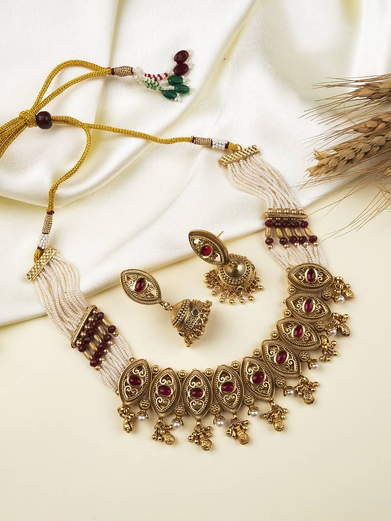 Rajwadi plated pearl bandhai necklace set 