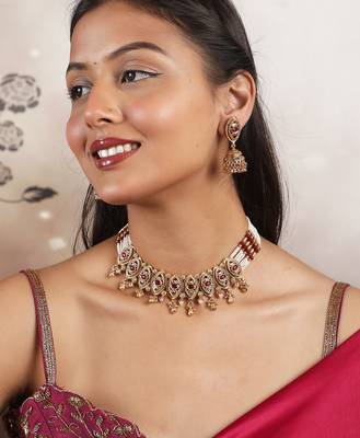 Rajwadi plated pearl bandhai necklace set  2