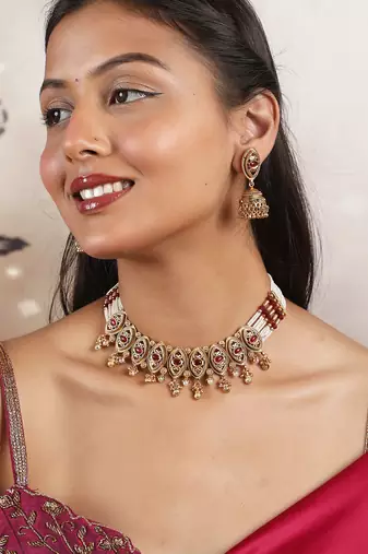 Rajwadi plated pearl bandhai necklace set 