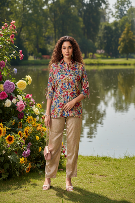 beige floral printed silk co-ord set for day outings 1