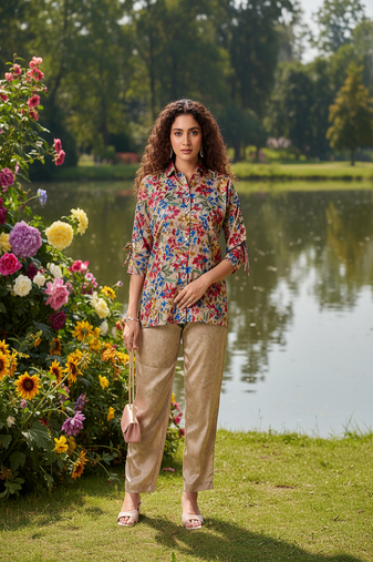 beige floral printed silk co-ord set for day outings