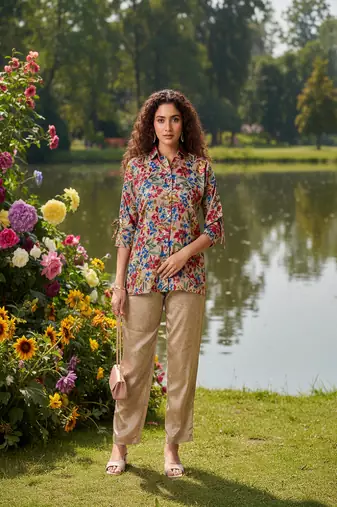 beige floral printed silk co-ord set for day outings